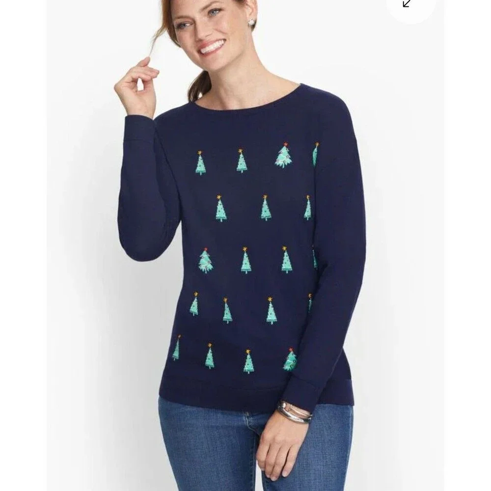 Talbots Size M Knit Sweater Super Soft Holiday Tree Navy Blue Christmas Classic